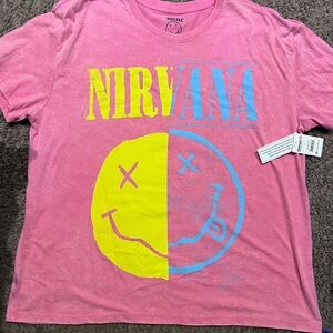 NIRVANA Pink Tee with Yellow and Blue Graphic New